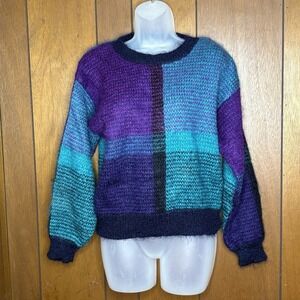 Vintage Autograph Sweater Womens S Mohair Purple Teal Colorblock Fuzzy 90s Artsy